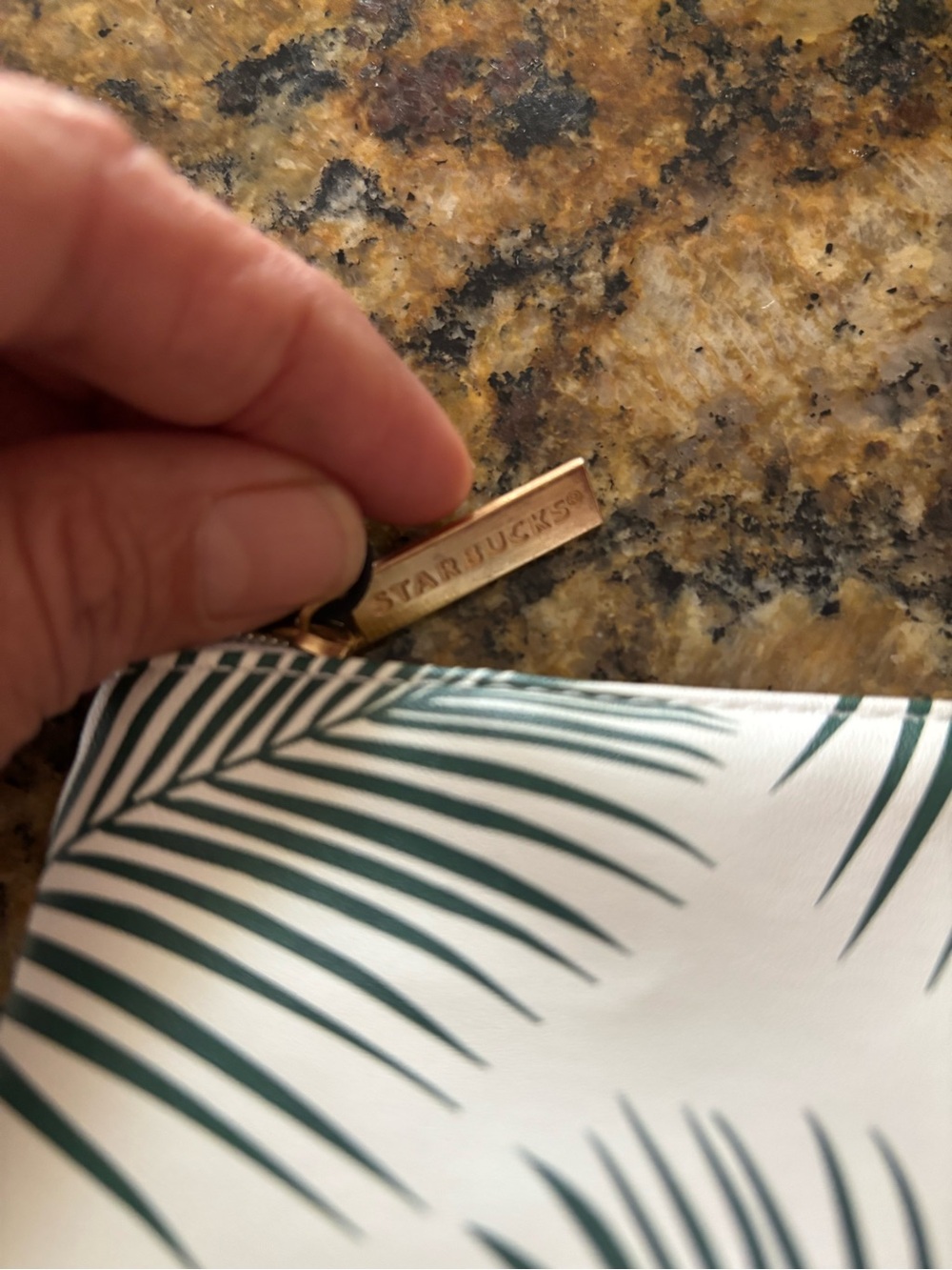 Starbucks Cream Pouch with Dark Green Palm Leaf Print and Gold Key Ring - Picture 2 of 3
